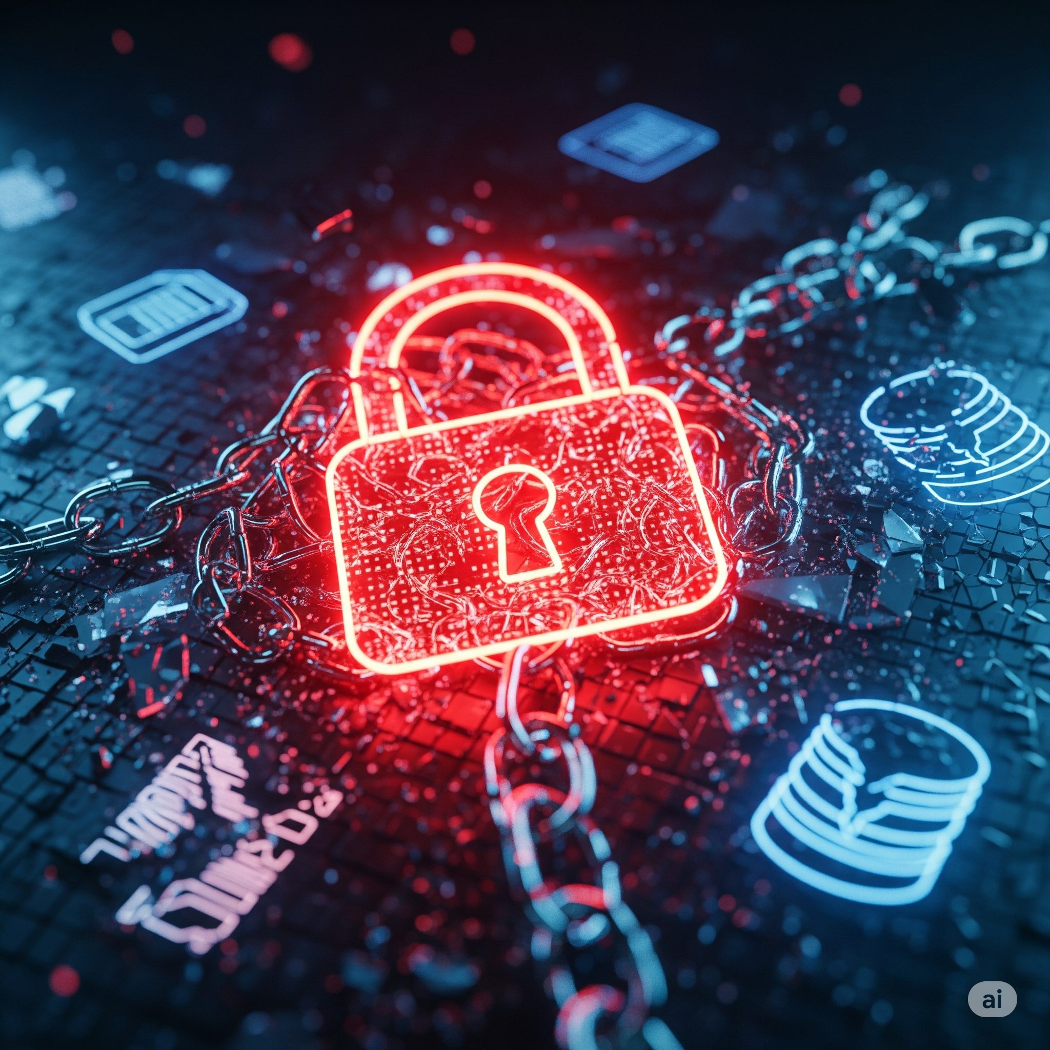 A vibrant red, circuit-patterned padlock, bound by metal chains, dominates the center of a fragmented, dark digital surface. Blue neon outlines of digital icons, including a battery, a computer chip, and stacks of coins, are scattered across the broken surface, symbolizing data loss and financial demands typical of a ransomware attack.