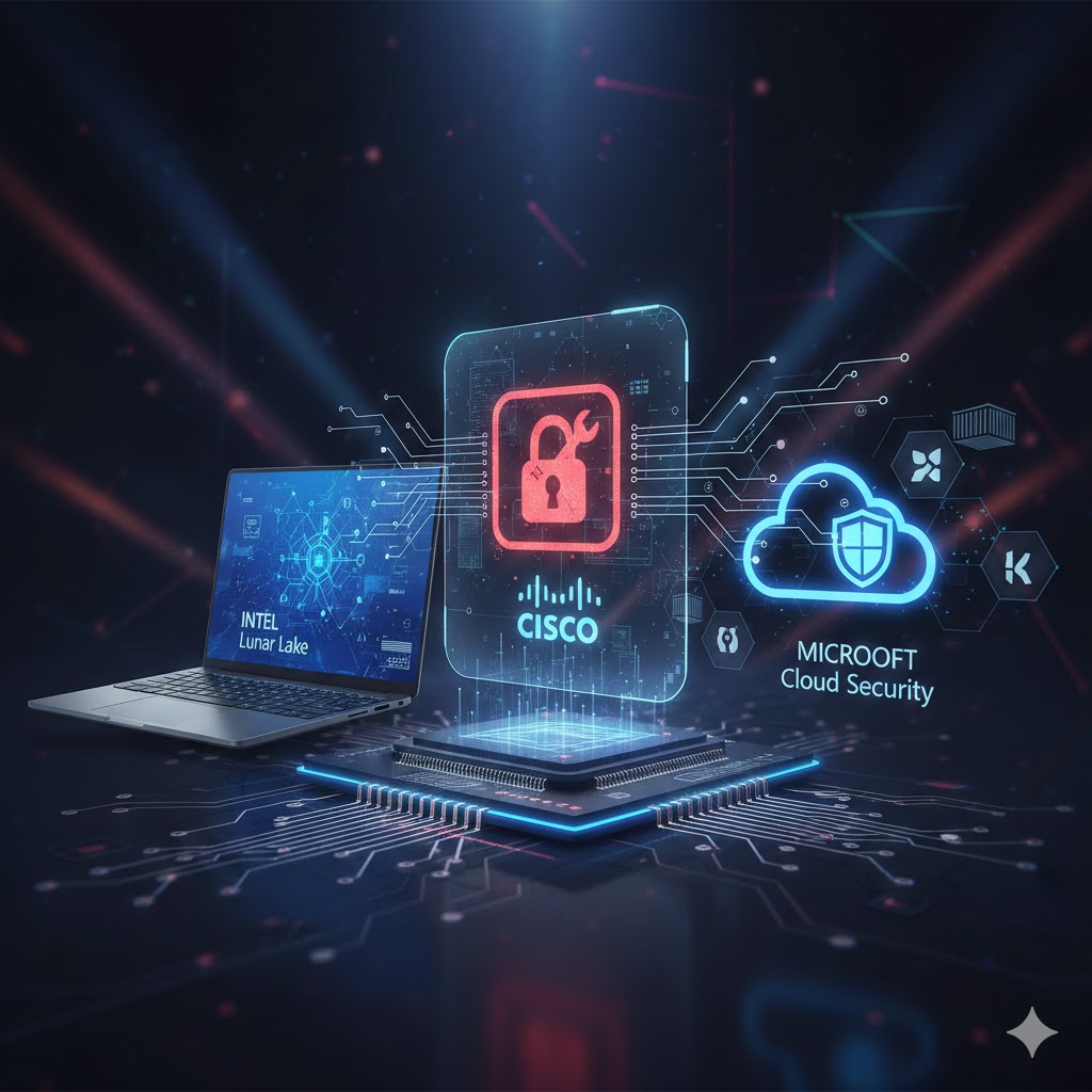 Conceptual graphic summarizing the week's tech news: A glowing red Cisco lock/vulnerability icon at the center, next to an Intel Lunar Lake laptop and a Microsoft Cloud Security shield, all floating above a circuit board.
