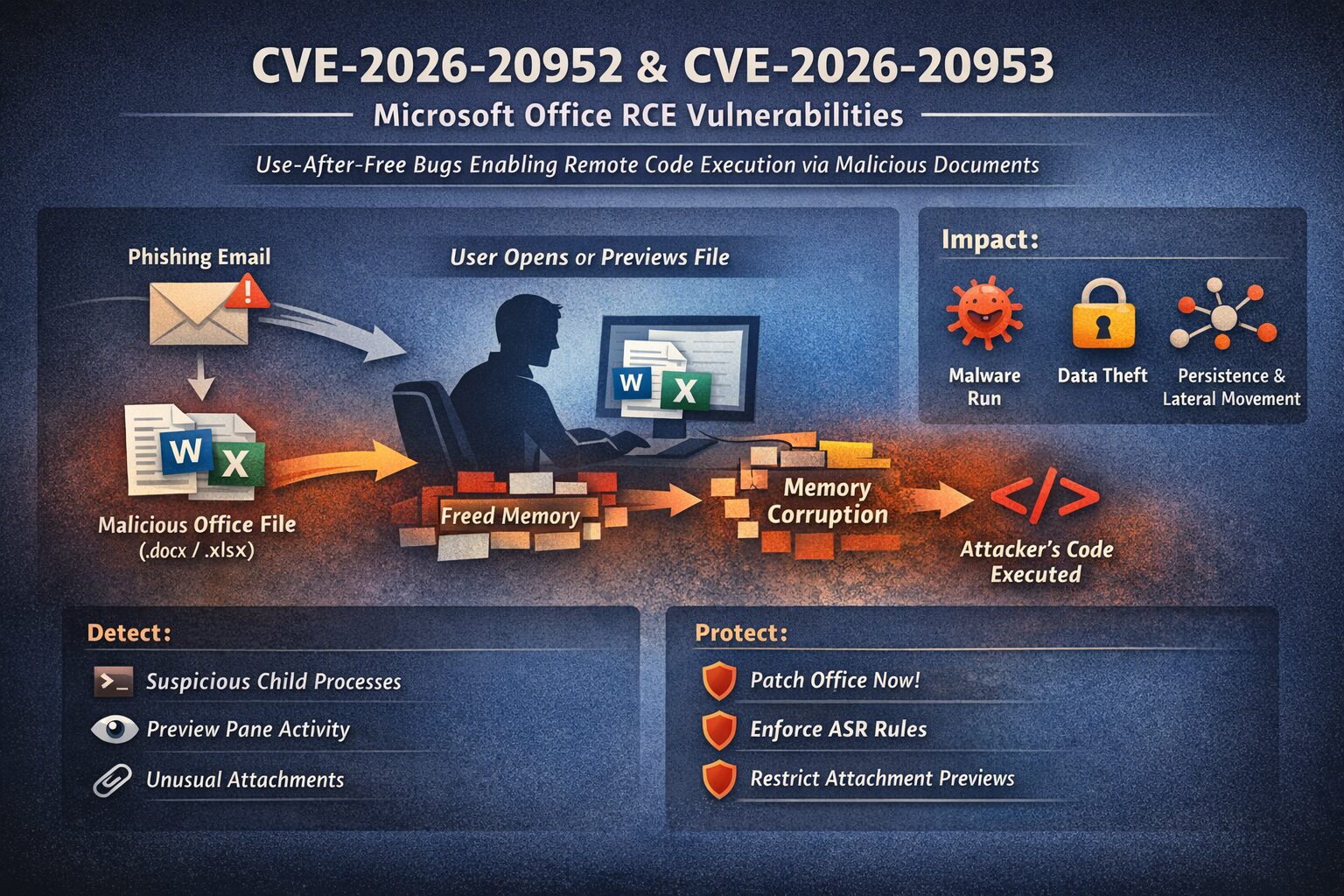 Diagram showing CVE-2026-20952 and CVE-2026-20953 Microsoft Office RCE via malicious documents and use-after-free memory corruption.