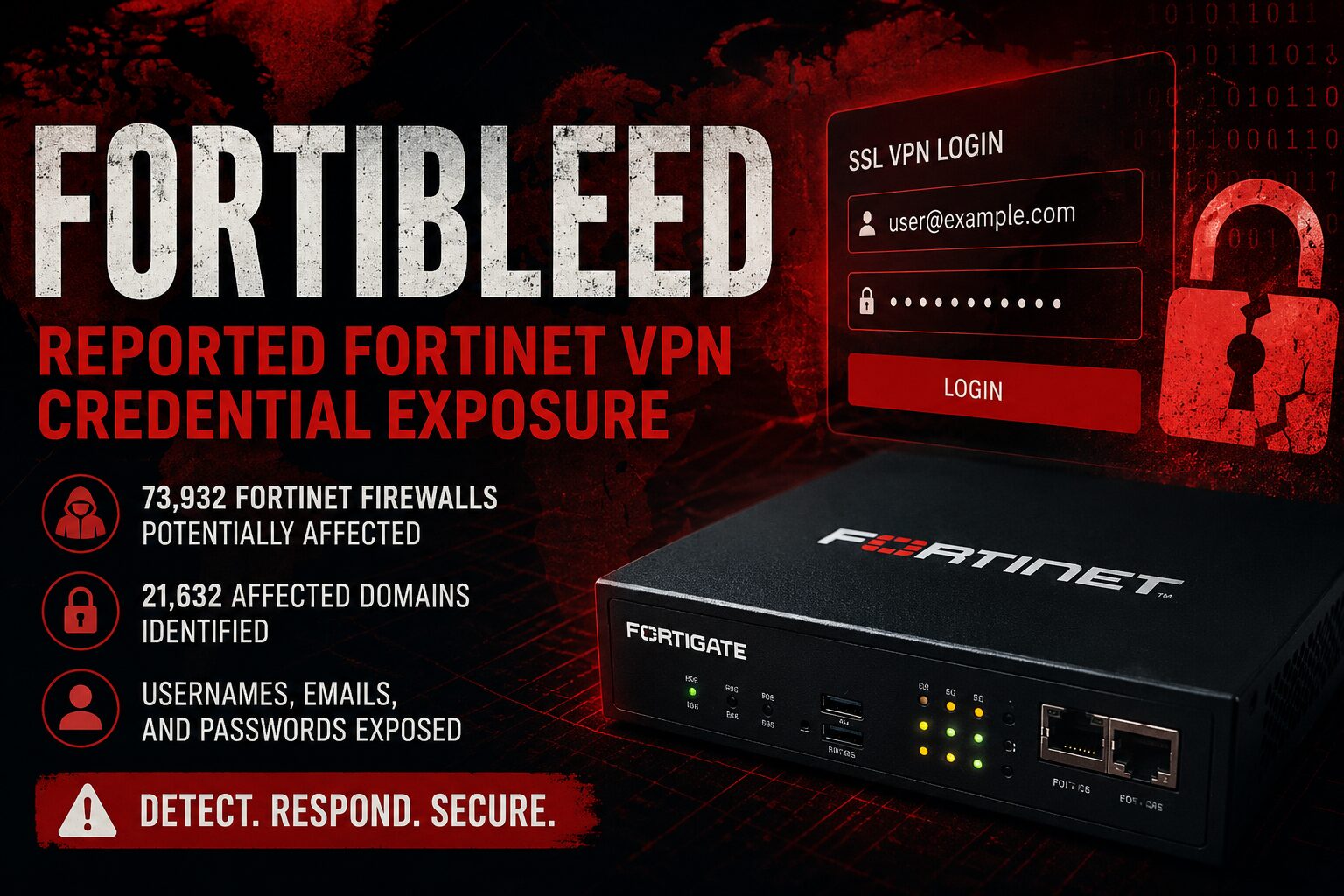 FortiBleed cybersecurity alert showing reported Fortinet VPN credential exposure affecting FortiGate firewalls and SSL VPN accounts.